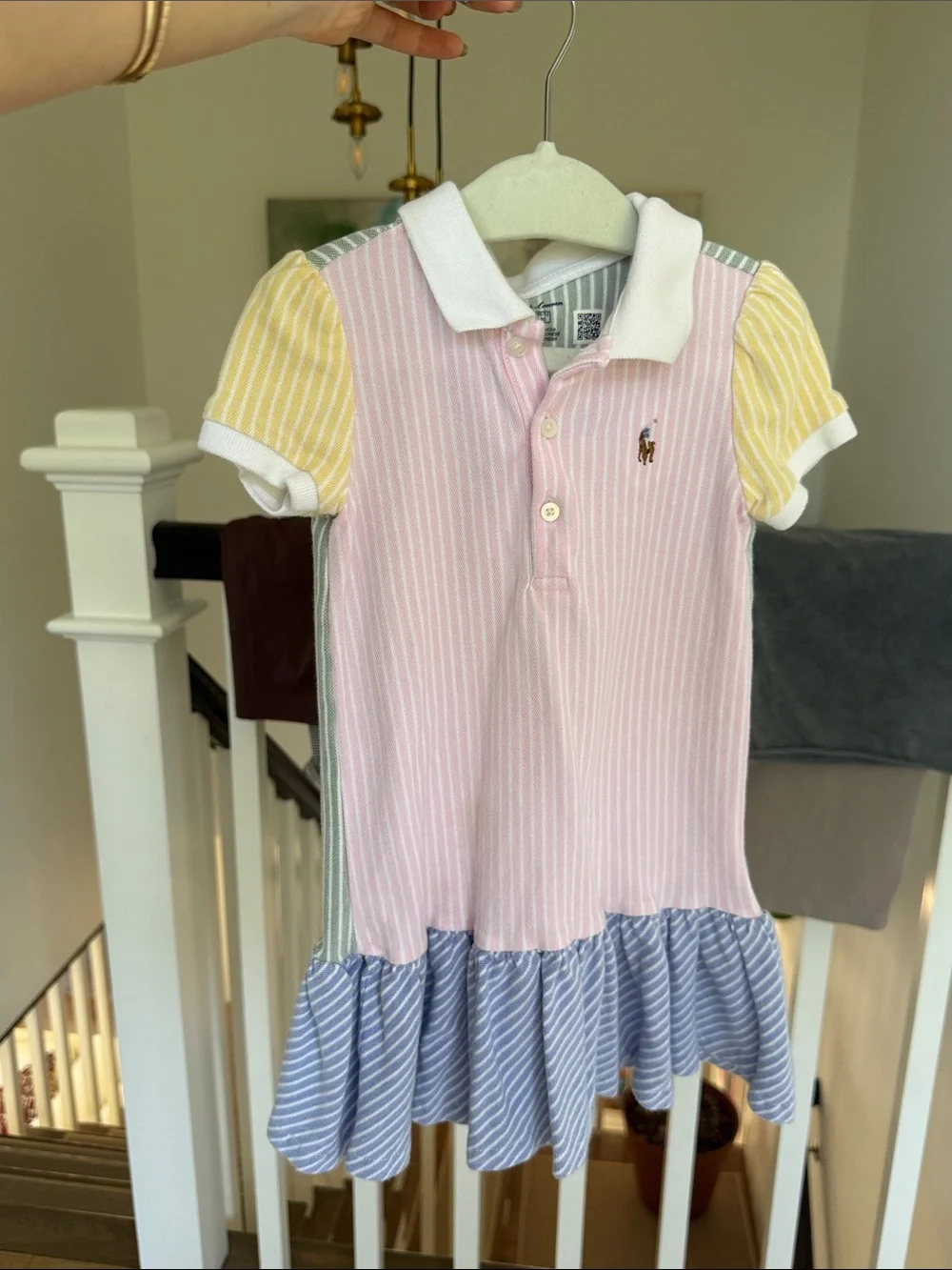 Ralph Lauren Pink Stripe Polo Dress with Yellow Sleeves and Blue Ruffle